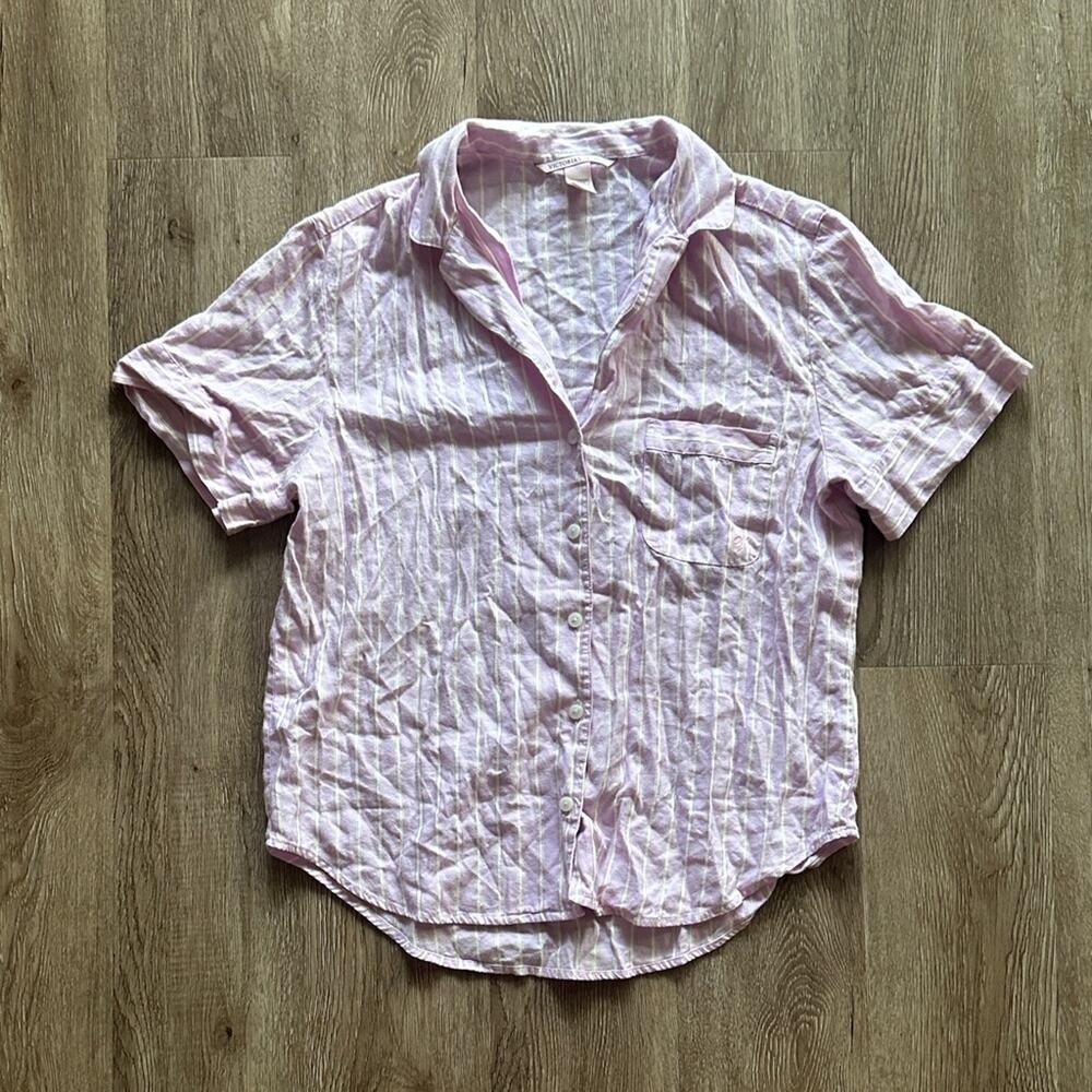 Victoria’s Secret Button Front Pajama Top Pink White Gold Stripes Size XS